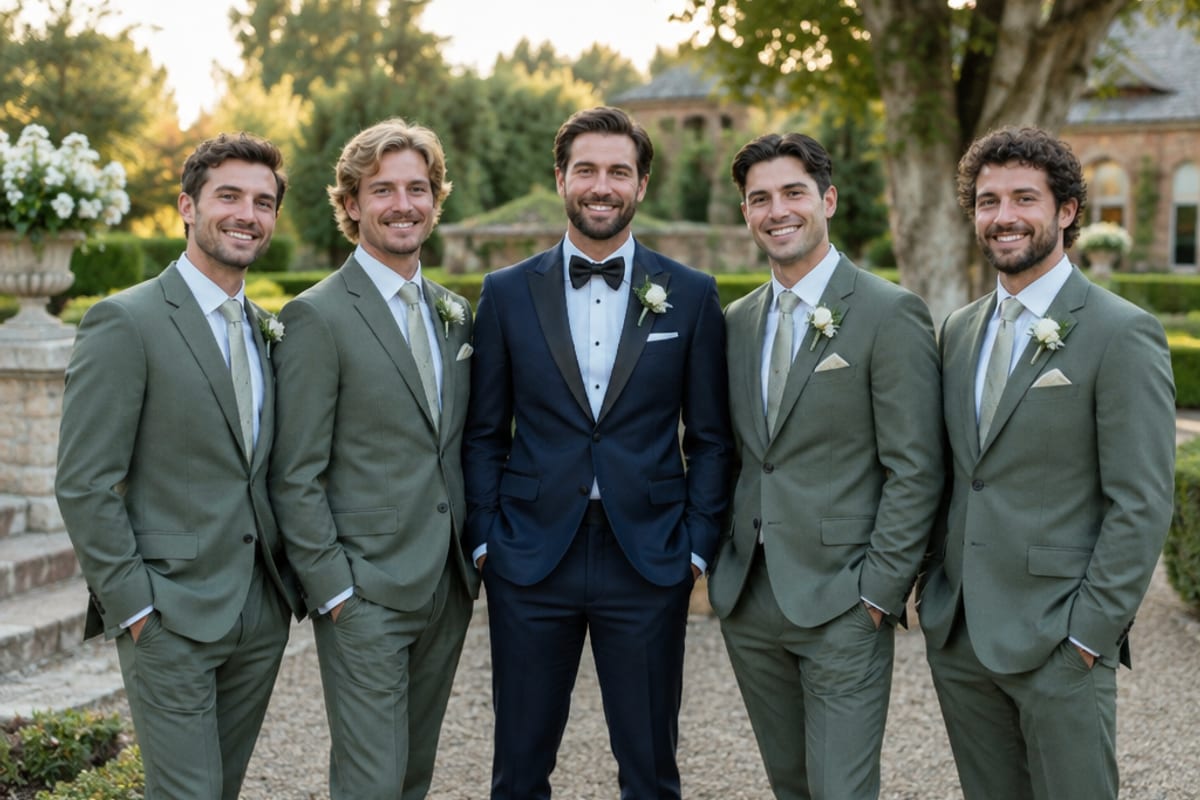 A groom in a midnight blue tuxedo with four groomsmen in matching sage green suits